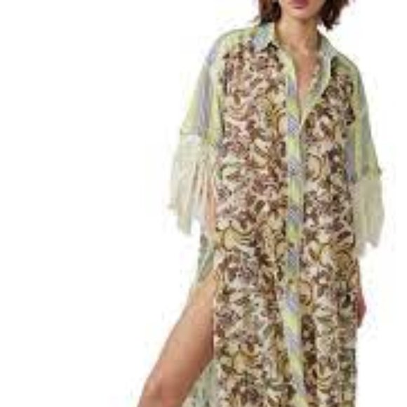 Free People Watching Waves Maxi Shirt Cover-up Oversized Aquamarine Boho Size XS - Picture 2 of 14